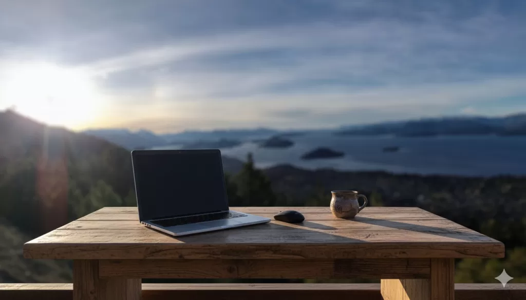 Computadora en un escritorio con vista al lago